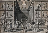 An engraving of men fencing in a long hall