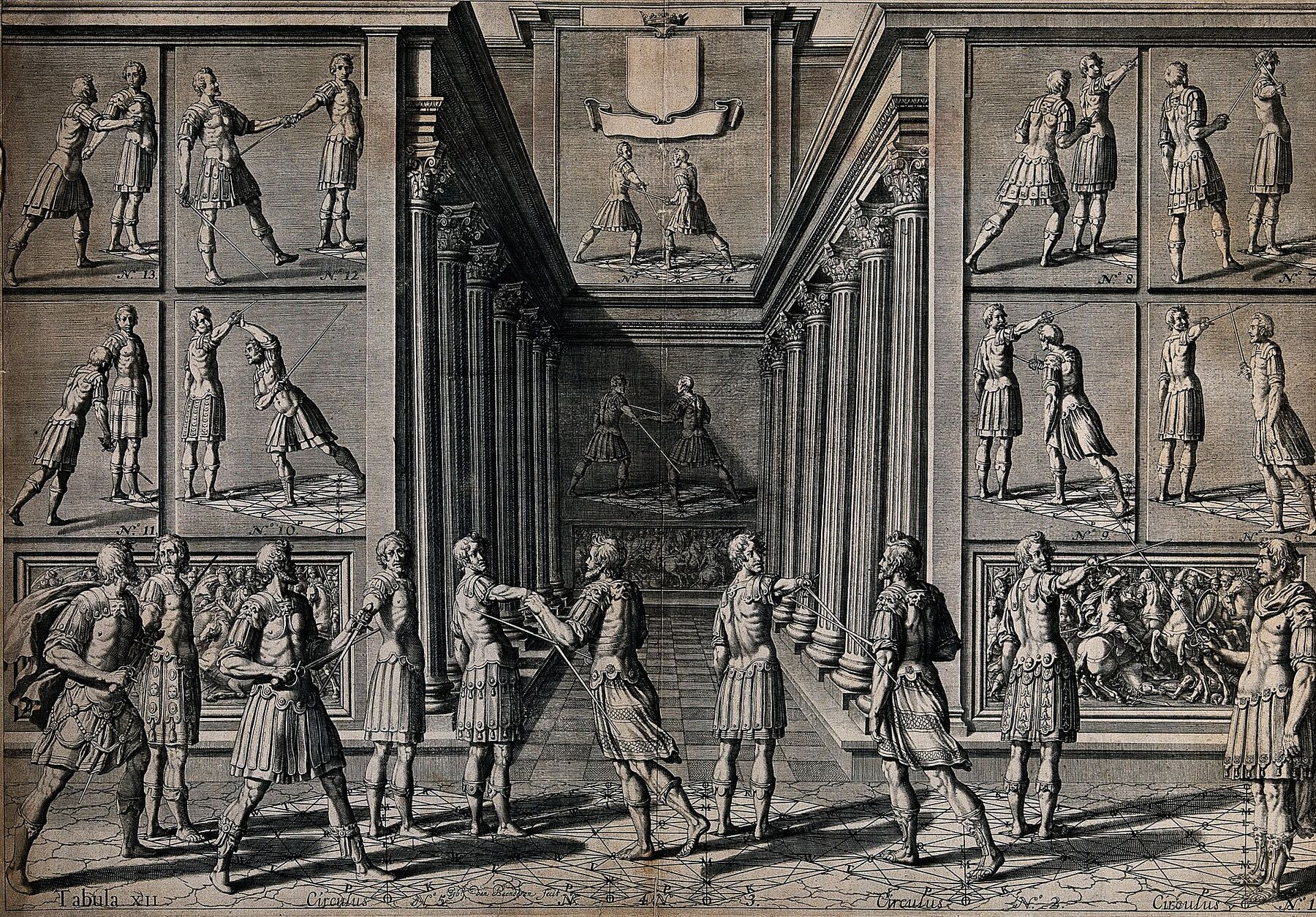 An engraving of men fencing in a long hall